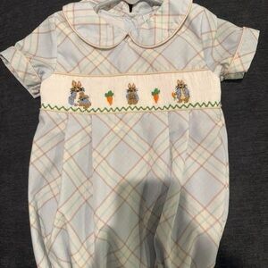 Busy Bee Smocks Plaid Baby Romper with Embroidered Bunnies